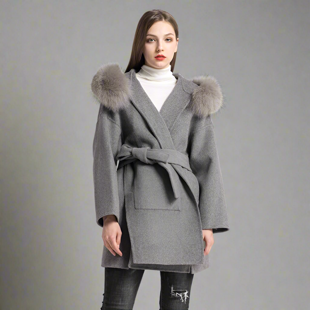 Cashmere Wool Fox Fur Collar Coat with Hood Women's