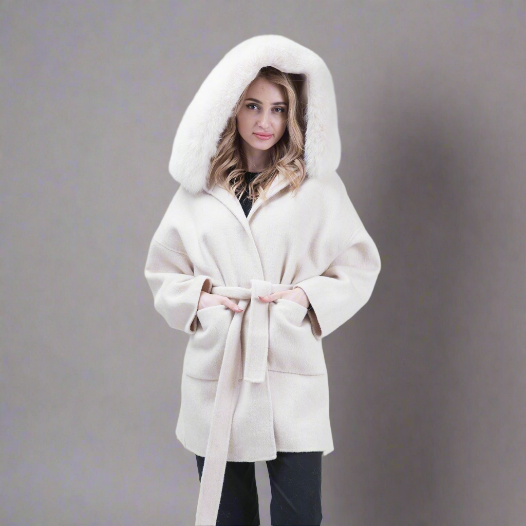 Cashmere Coat with Fox Fur Collar & Hood Women's