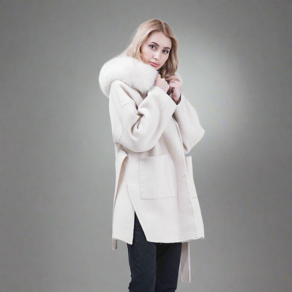 Cashmere Coat with Fox Fur Collar & Hood Women's