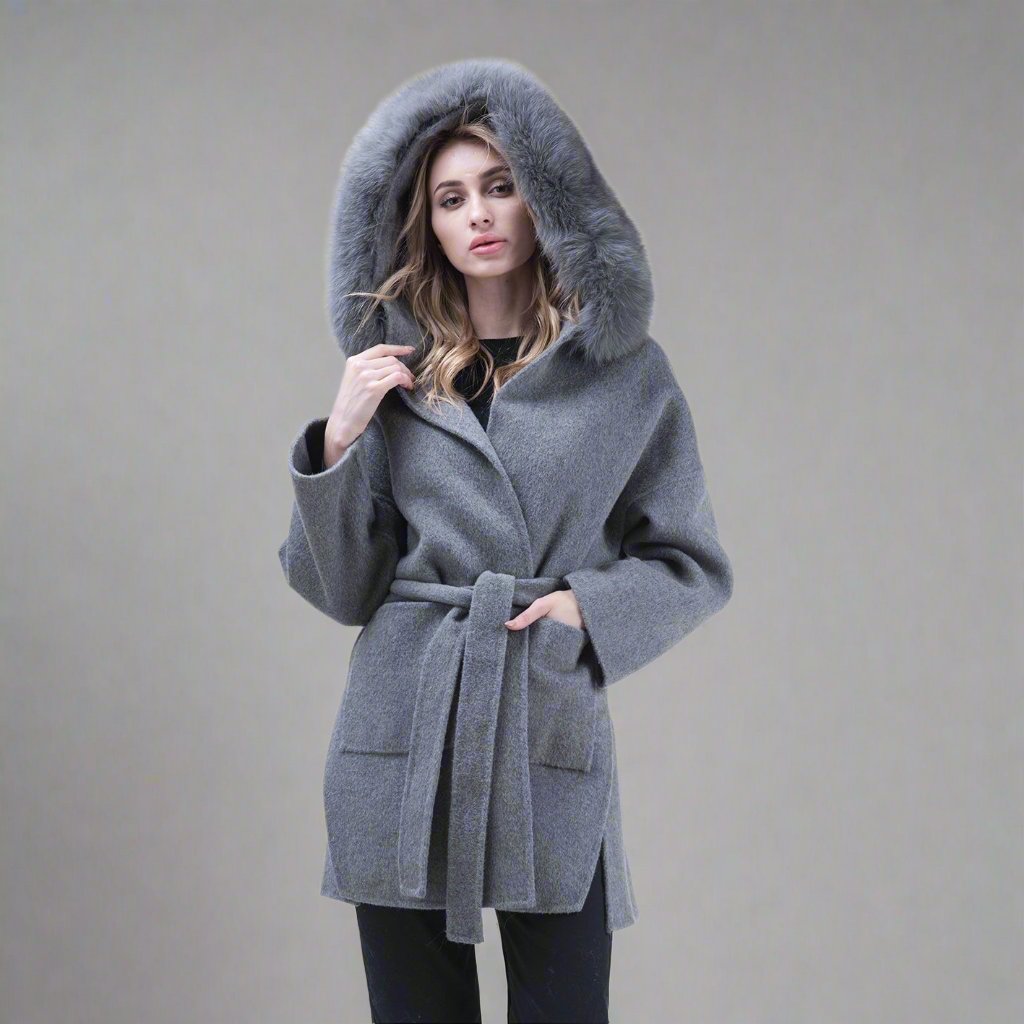 Cashmere Coat with Fox Fur Collar & Hood Women's