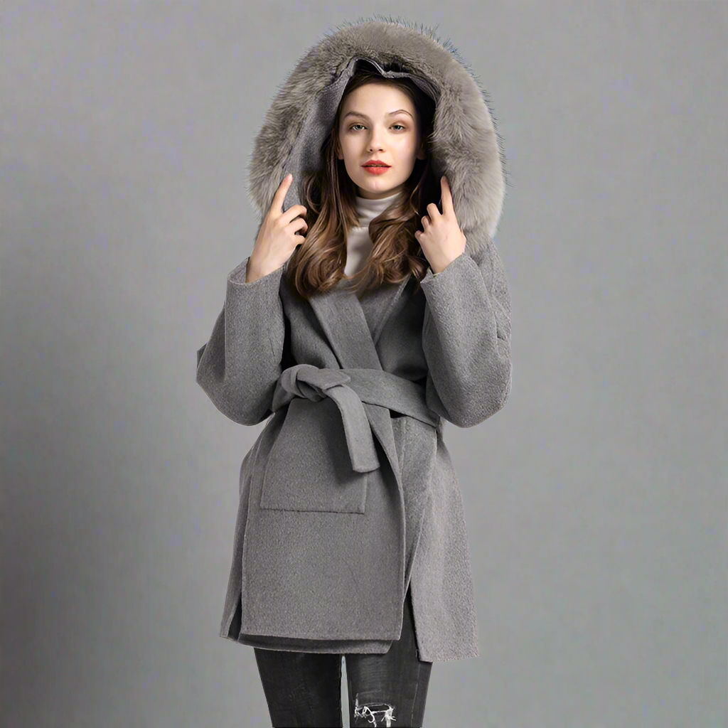 Cashmere Wool Fox Fur Collar Coat with Hood Women's