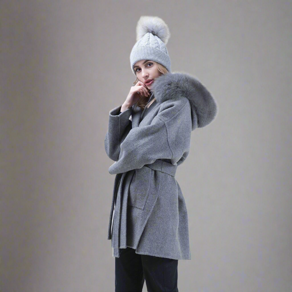 Cashmere Coat with Fox Fur Collar & Hood Women's