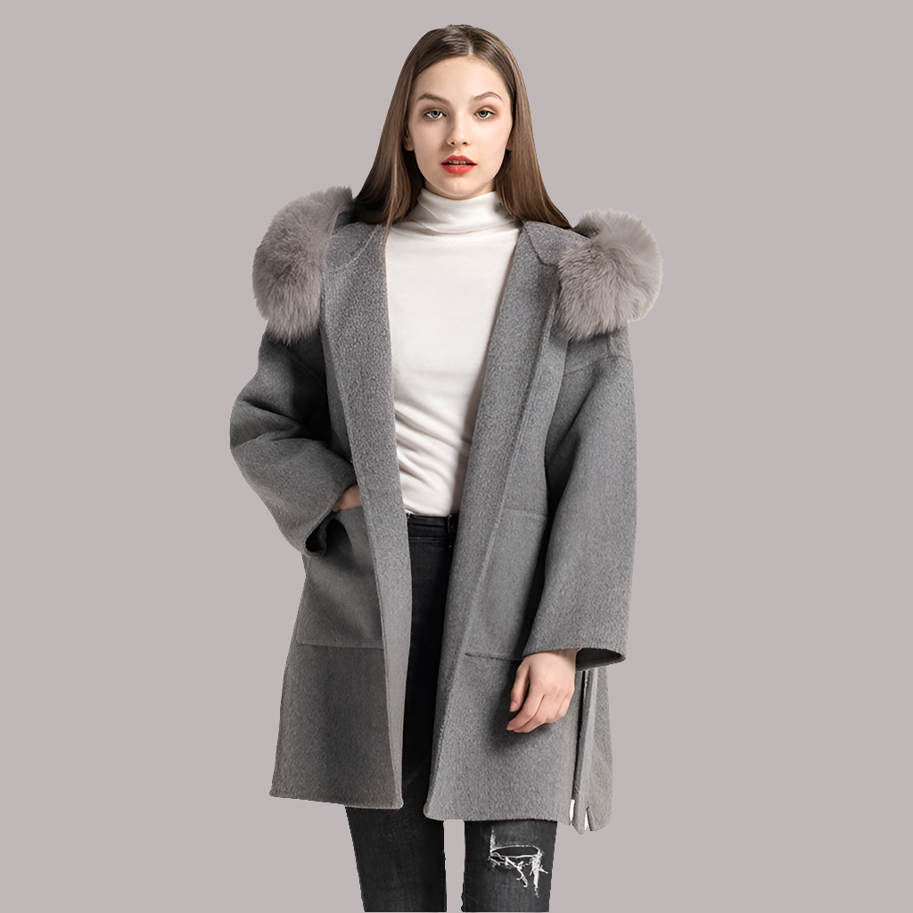 Cashmere Wool Fox Fur Collar Coat with Hood Women's