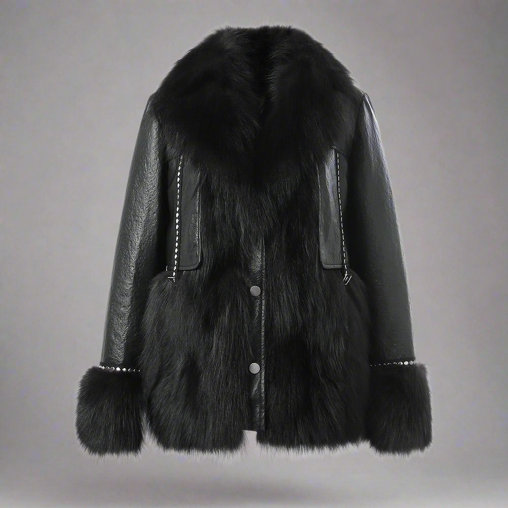 Black Sheepskin Coat with Fur Collar Women's