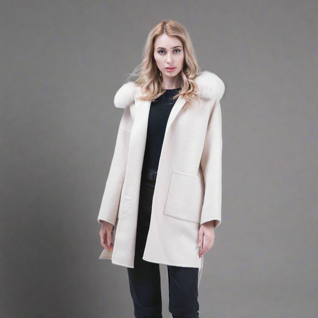 Cashmere Coat with Fox Fur Collar & Hood Women's