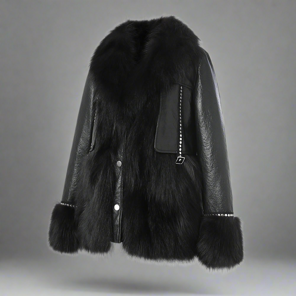 Black Sheepskin Coat with Fur Collar Women's