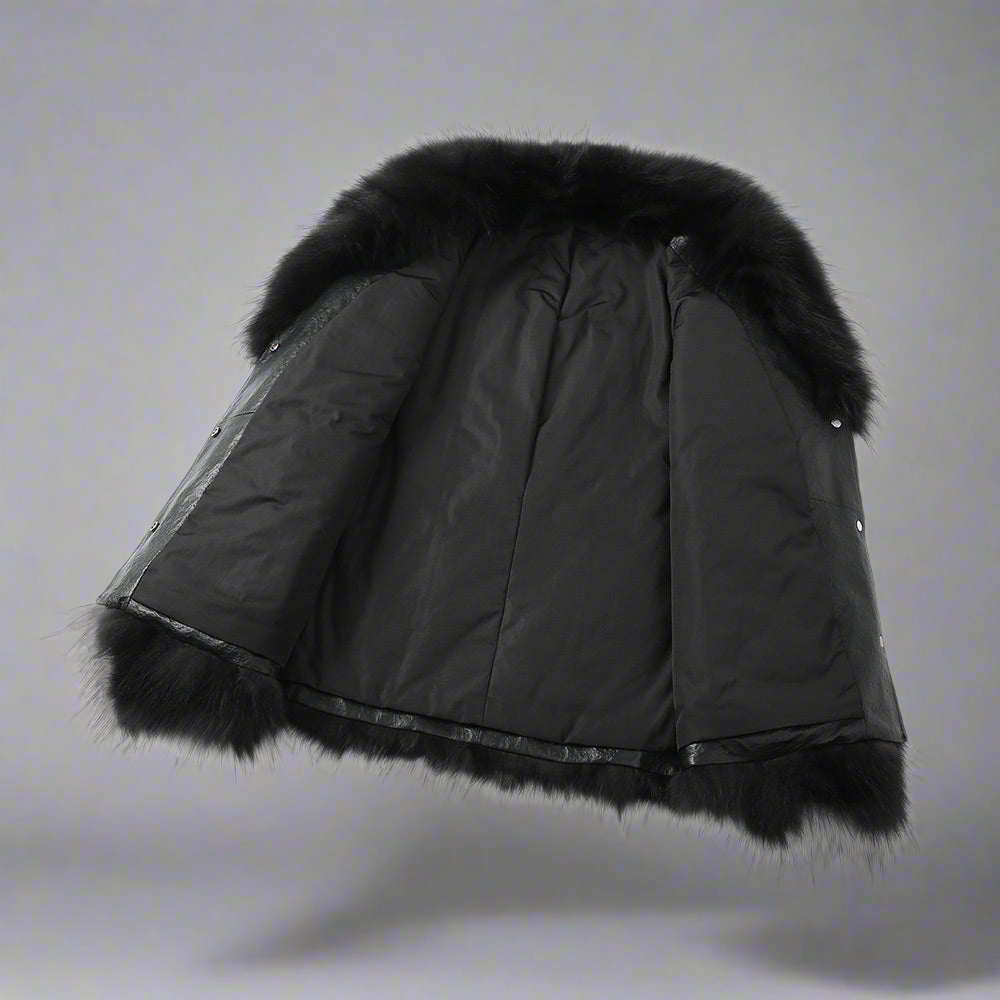 Black Sheepskin Coat with Fur Collar Women's