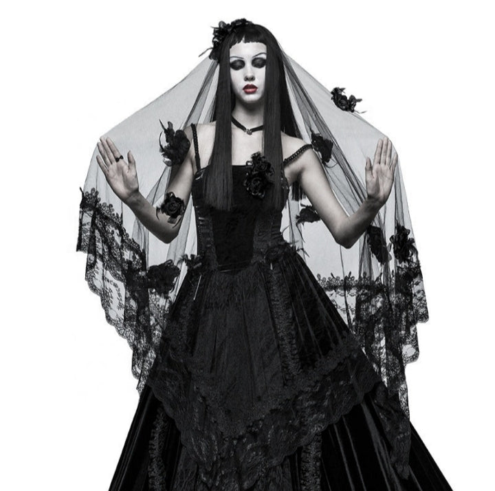 PUNK RAVE S-224 Gothic 3D Rose Flower Black Veils Steampunk Gothic Women's