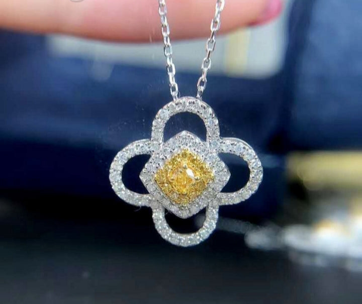 Lucky Pendant Square Natural Yellow Diamond 18k Gold Necklace Women's