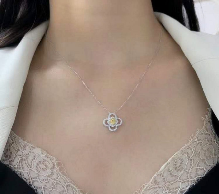 Lucky Pendant Square Natural Yellow Diamond 18k Gold Necklace Women's