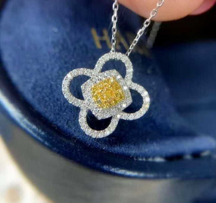 Lucky Pendant Square Natural Yellow Diamond 18k Gold Necklace Women's