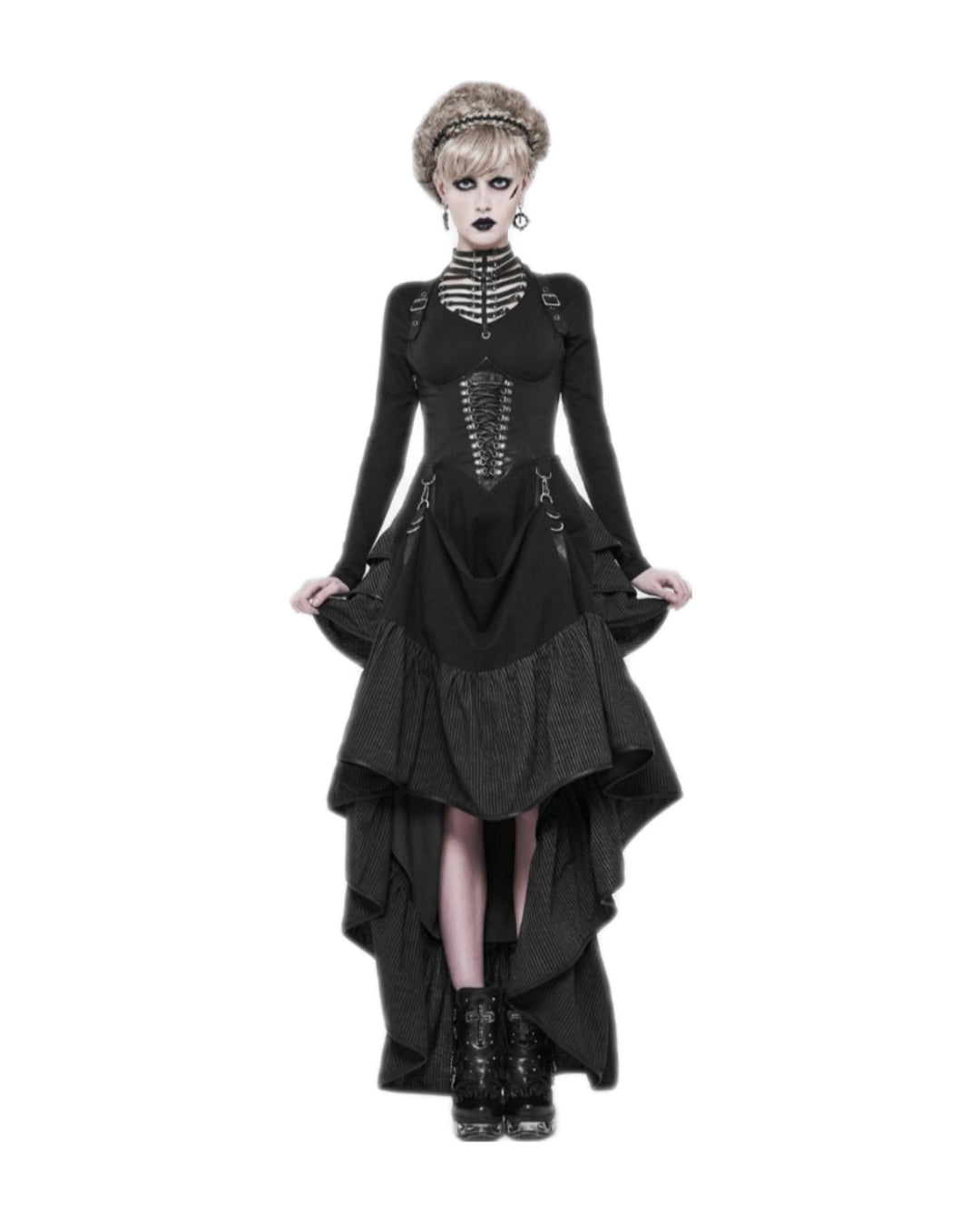 PUNK RAVE WQ-361 Steampunk Cosplay Long Black Corset Cosplay Dress Women's