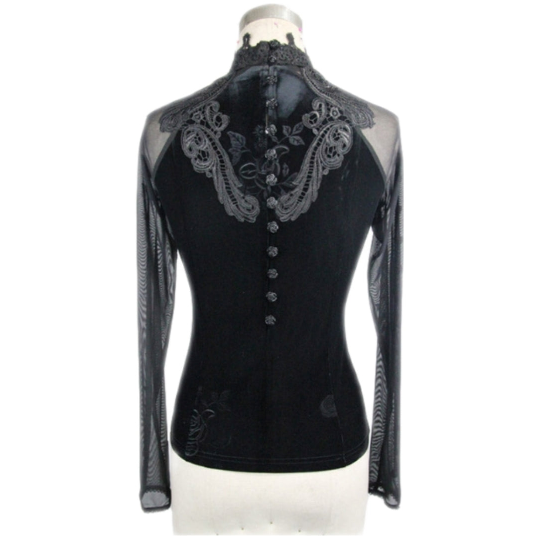 ETT005 Eva Lady Mesh Sleeve Black Lace Rose Gothic Velvet Steampunk Shirt Women's