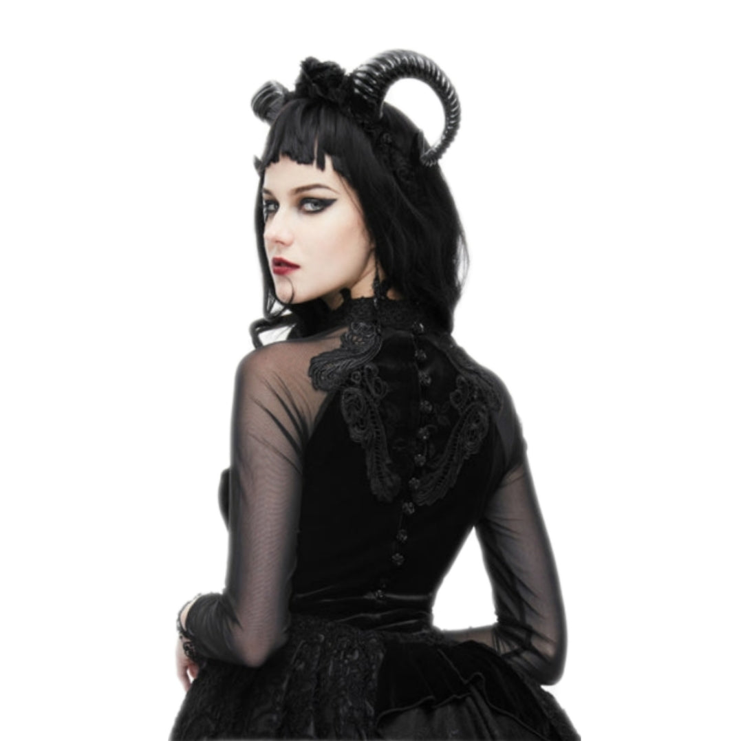 ETT005 Eva Lady Mesh Sleeve Black Lace Rose Gothic Velvet Steampunk Shirt Women's