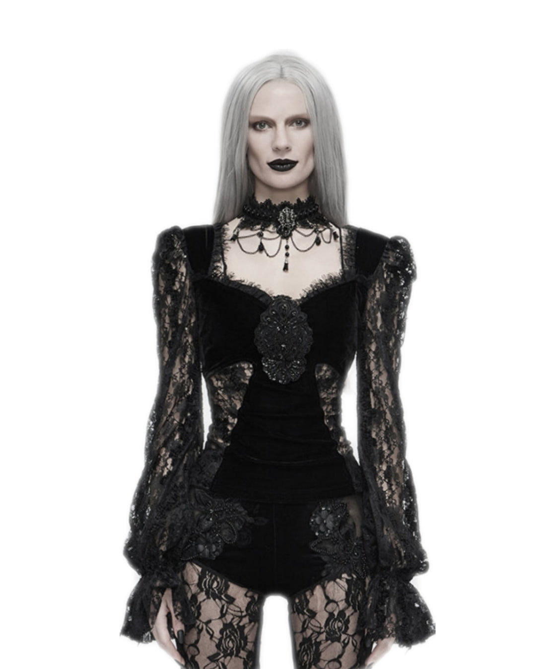 ETT023 Eva Lady Gothic Lace Top Puff Sleeves Velvet Steampunk Women's