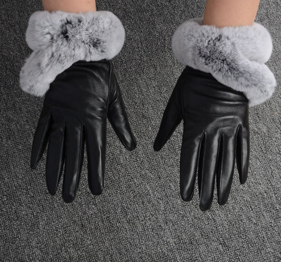 S2005 Sheepskin Leather Gloves Soft Rabbit Fur Mittens Women's