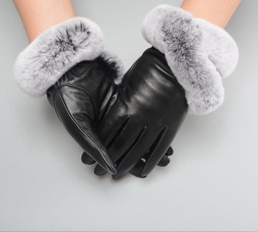 S2005 Sheepskin Leather Gloves Soft Rabbit Fur Mittens Women's