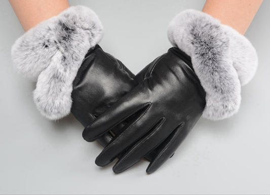 S2005 Sheepskin Leather Gloves Soft Rabbit Fur Mittens Women's