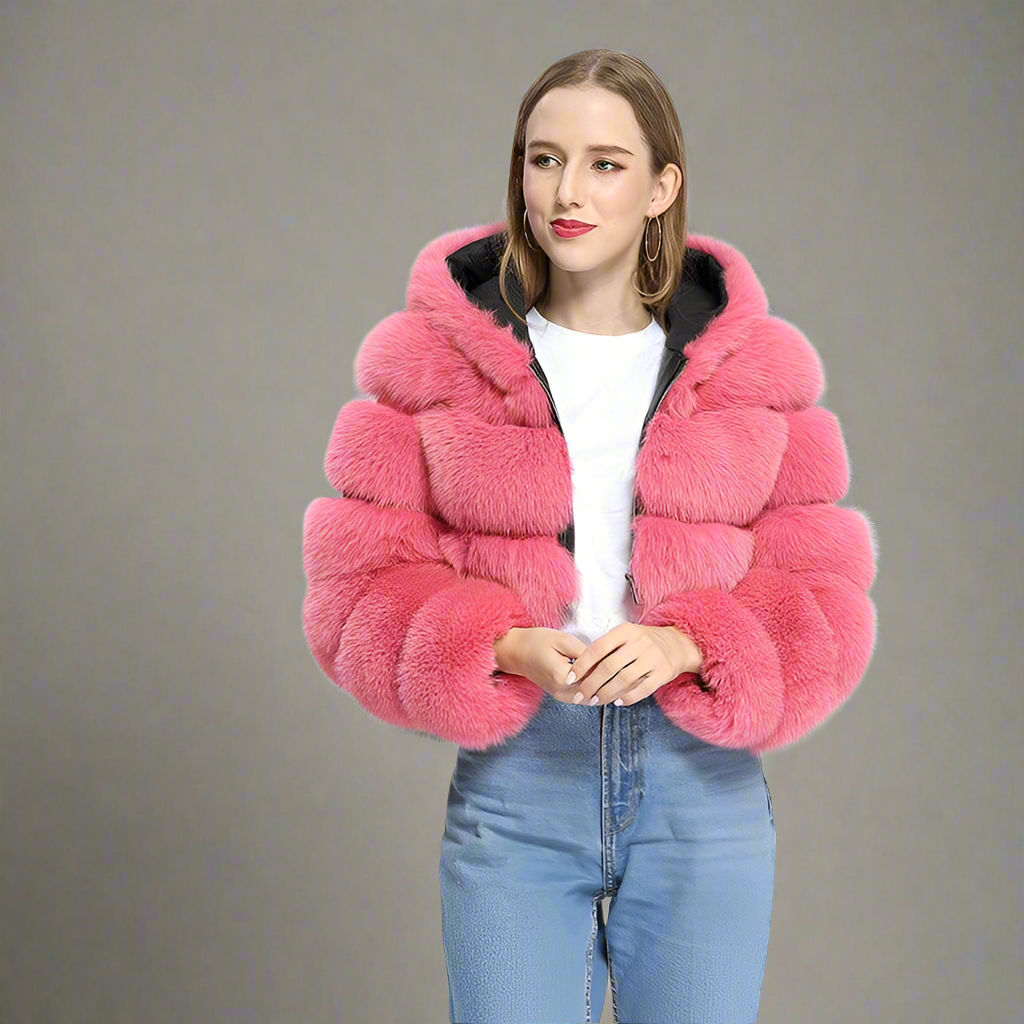 DON JOHN Short Hooded Fox Fur Coat Women's