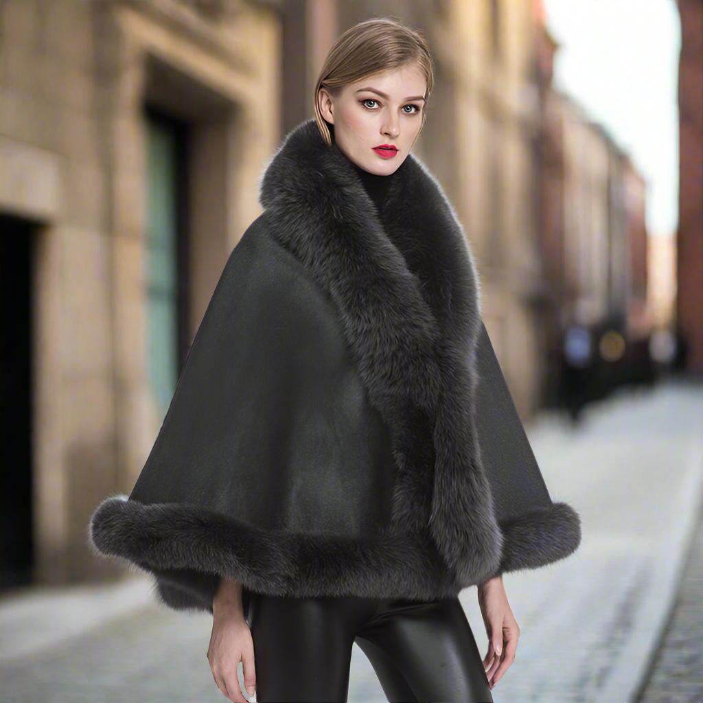 S7358 Fox Fur Poncho Cashmere Capes Winter Cloaks Women's