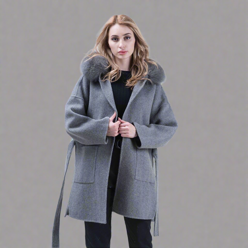 Cashmere Coat with Fox Fur Collar & Hood Women's