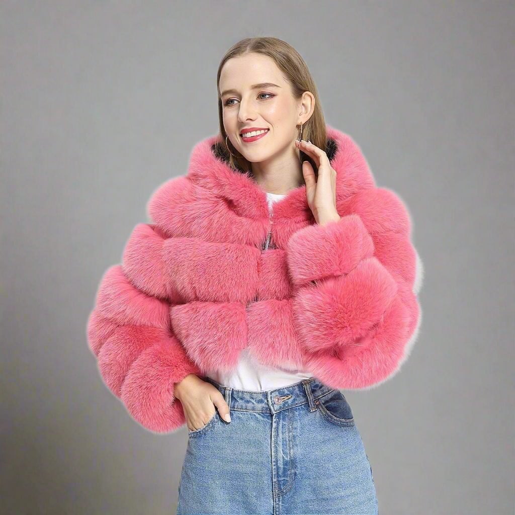 DON JOHN Short Hooded Fox Fur Coat Women's