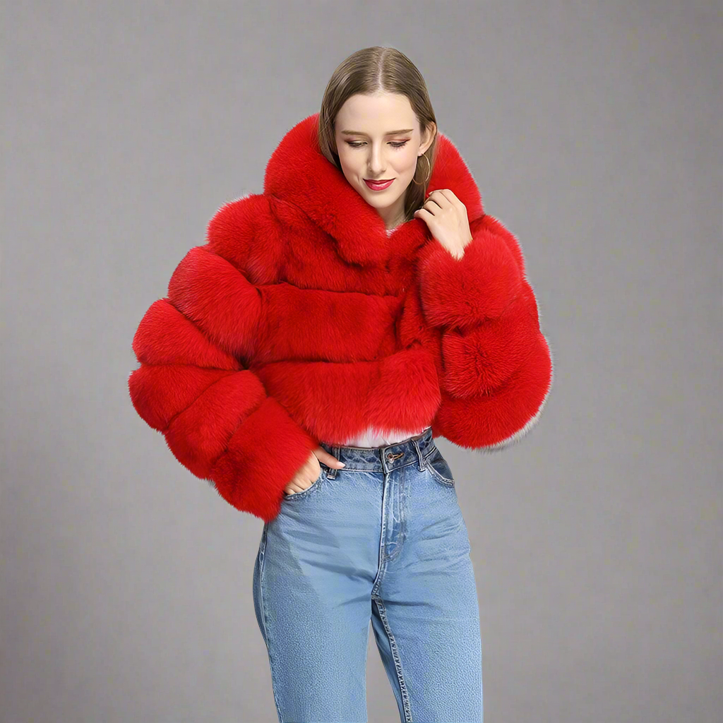 DON JOHN Short Hooded Fox Fur Coat Women's