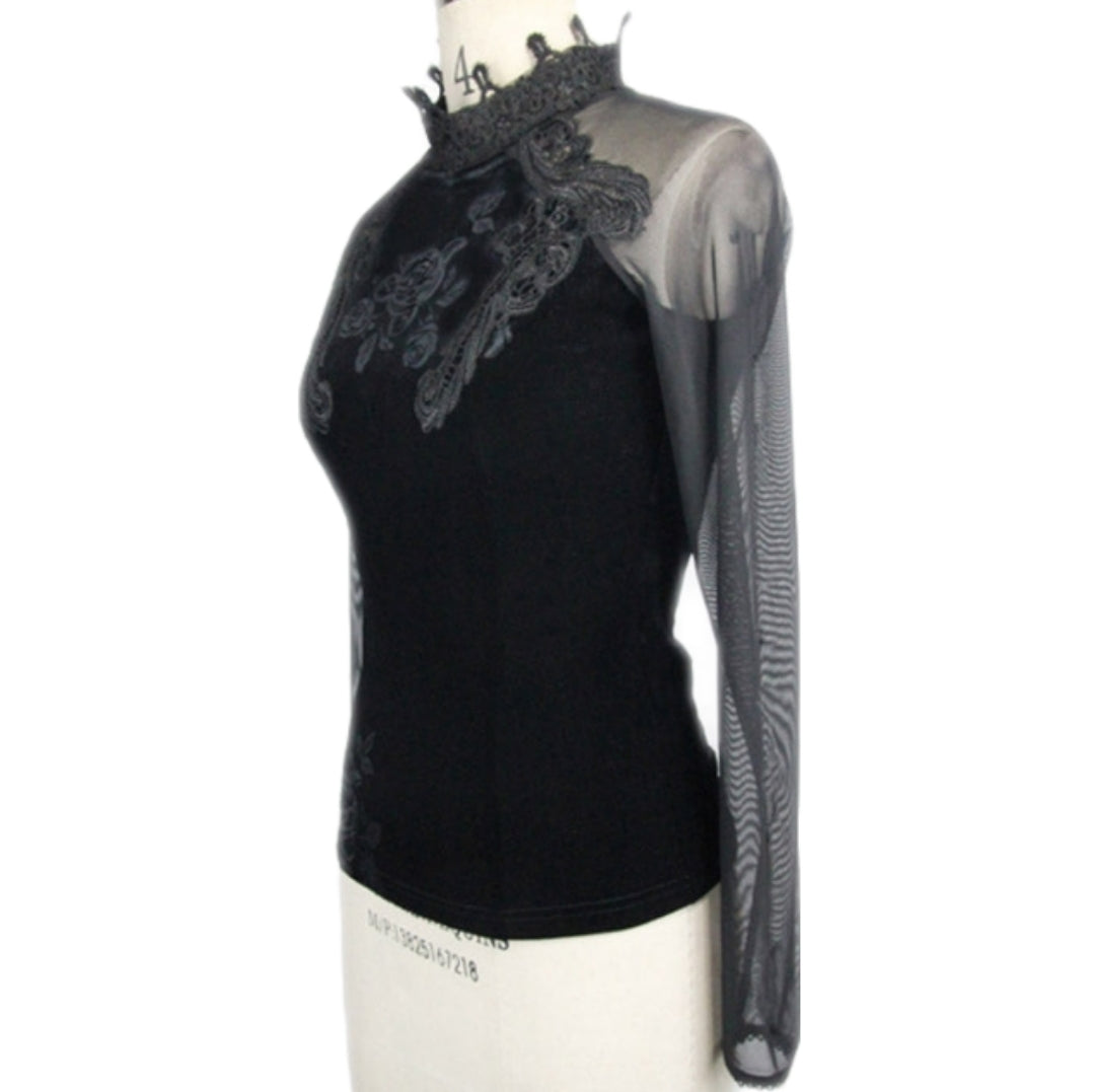 ETT005 Eva Lady Mesh Sleeve Black Lace Rose Gothic Velvet Steampunk Shirt Women's