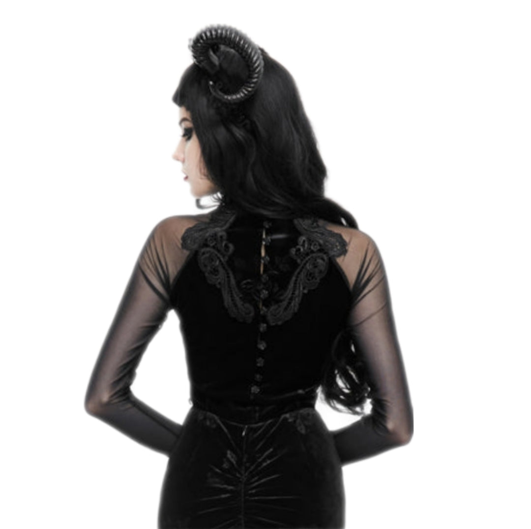 ETT005 Eva Lady Mesh Sleeve Black Lace Rose Gothic Velvet Steampunk Shirt Women's